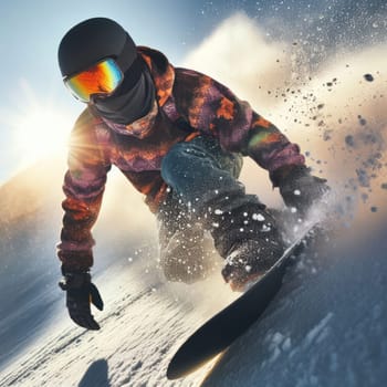 high action close up image of a person snowboarding generative ai