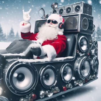 santa with a massive sound system riding in the sleigh generative ai
