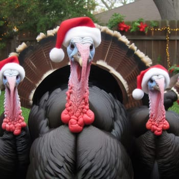comical turkeys wearing santa hats all ready for christmas generative ai
