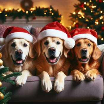 three dogs wearing santa hat amongst the gifts at christmas time generative ai