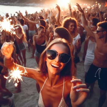 attractive woman partying with other people at the beach at sunset generative ai