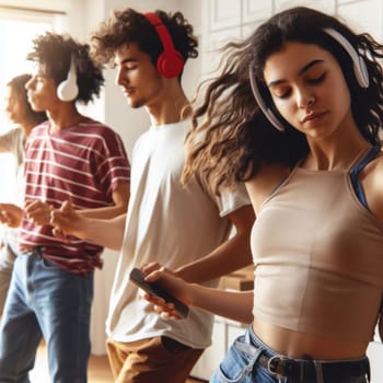 teenagers listening and dancing to music together with headphones at home generative ai