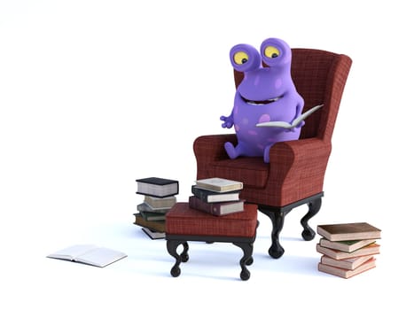 A cute charming purple cartoon monster sitting in an armchair holding a book in his hand, ready for reading and story time. Piles of books on the floor. White background with copyspace.