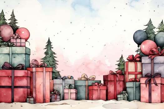 Cartoon pile of Christmas gifts in colorful gift boxes in watercolor style. Bright holiday boxes for gifts or congratulations.copy space. free space for text.Generative AI