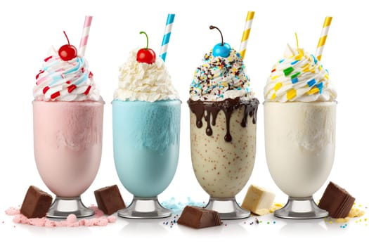 assortment of milkshakes with different flavors isolated on white background .Generative AI