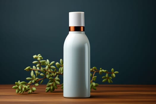 mockup of a white container for cosmetic products on a wooden table with copy space. eco friendly products for your design and label. Natural, clean cosmetics concept.Generative AI