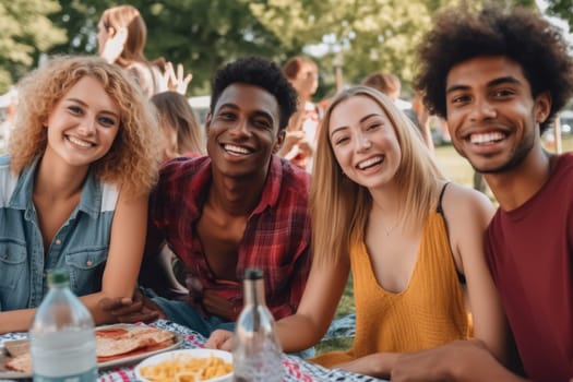 Mixed race friends having a picnic in the park, outdoor party. Rest outside the city. Happy people enjoy. Weekends in summer.Generative AI