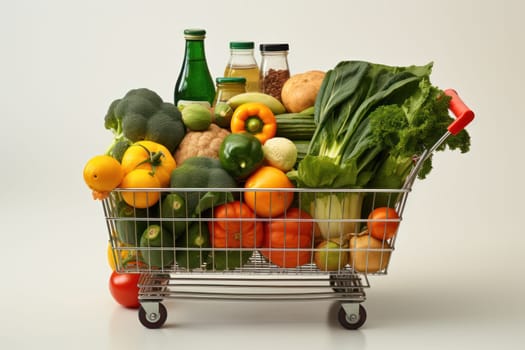 Healthy food, fruits and vegetables in a grocery cart on a light background. Choosing healthy food for the heart, healthy lifestyle concept.Generative AI