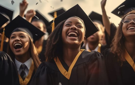 A group of joyful multiracial graduates toss their graduation hats into the air to celebrate the completion of their studies. education concept. Generative AI