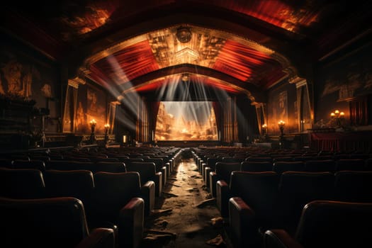 film on screen old retro cinema with red velvet walls and seats. mystical atmosphere. Generative AI