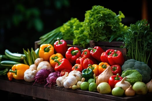 Colorful vegetable farmer's market with fruits and vegetables. at vegetables are sold immediately after harvest.Generative AI
