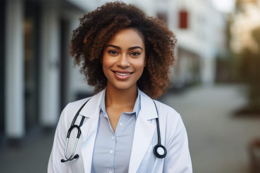 young smiling doctor in a robe and with a stethoscope near the clinic .Generative AI