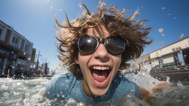 emotional portrait of a cheerful boy in glasses in the pool on a sunny day. concept of relaxation and travel. Generative AI