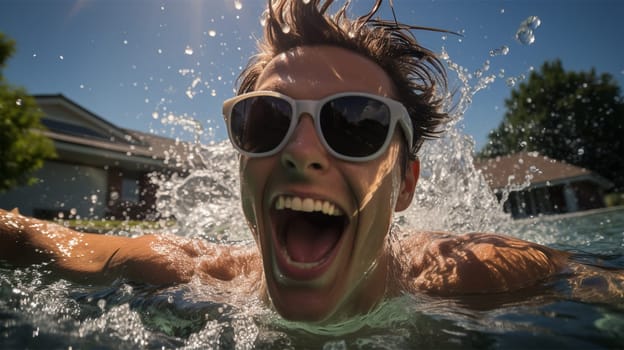 emotional portrait of a cheerful young man in glasses in the pool on a sunny day. vacation and travel concept. Generative AI