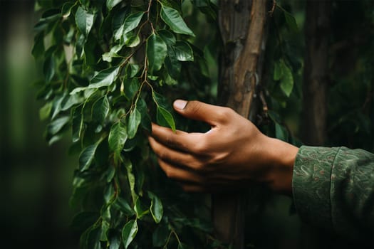 A man's hand touches a tree trunk close-up. Caring for the environment. Ecological concept of saving the world and loving nature.Generative AI