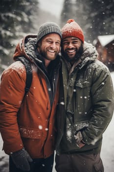 Happy couple, friends on a snowy day before Christmas. Christmas Eve.Generative AI