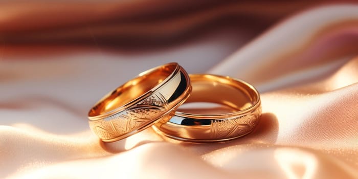 Golden wedding rings close-up lie on top of each other on silk fabric .Generative AI