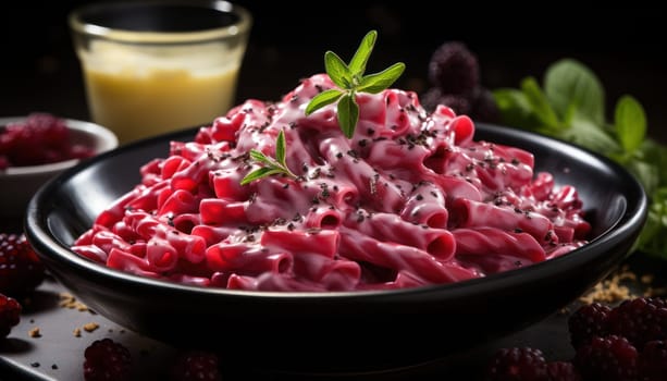 pasta with beets, cheese and herbs on a dark background. for a recipe book.Generative AI