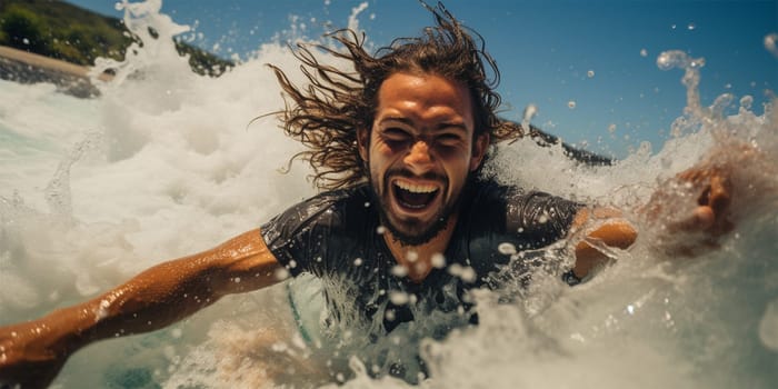 Young tanned and cheerful surfer man with long hair rides a fast and perfect ocean wave .Generative AI