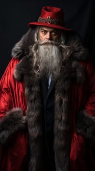 portrait of a respectable gray-haired bearded man in a red coat with fur in a chair.Generative AI
