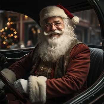 Santa Claus in a stylized retro car with embroidery and with ethnic elements on clothes. Generative AI