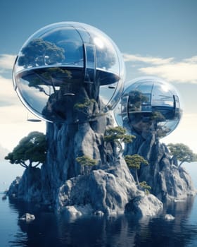 Spectacular eco-futuristic concept of houses of unusual shapes. settling places on unknown planets. fantastic landscape.Generative AI