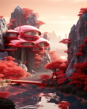 Spectacular eco-futuristic concept of mountain rock houses of a round shape. surreal landscape of an unknown planet.Generative AI