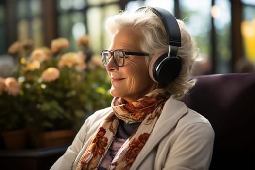 a beautiful and cheerful gray-haired woman in glasses, light clothes and headphones listens to music on the veranda or in the winter garden.Generative AI