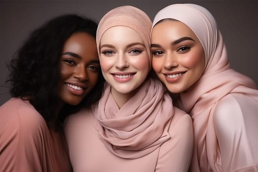 beautiful young women in muslim clothes in pastel colors posing, smiling at the camera, standing together. Portrait of modern young women.racial diversity. Women's fashion concept.Generative AI
