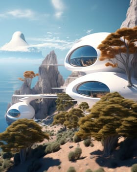 Spectacular eco-futuristic concept of mountain rock houses in a spherical shape in white. settlement of hard-to-reach places in previously unknown corners of the planet .Generative AI