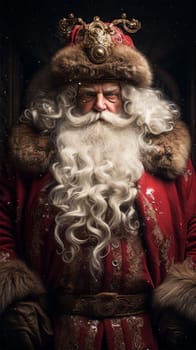 portrait of Saint Nicholas in a red jacket with fur and ethnic motifs. Generative AI