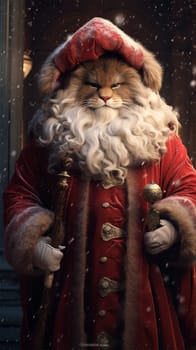 luxury cat with a white beard in a Santa suit. fantastic character. Generative AI