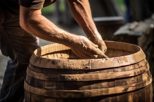 the hands of a master clean a barrel of clay after a flood. Generative AI