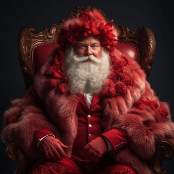 portrait of a respectable gray-haired bearded man in a red coat with fur in a chair.Generative AI