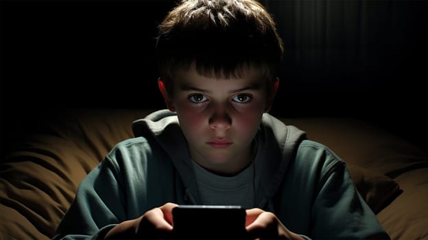Addicted young schoolboy in bed sitting on the Internet on his smartphone, sleepy and tired at night. concepts of mobile addiction and excessive use of technology.Generative AI