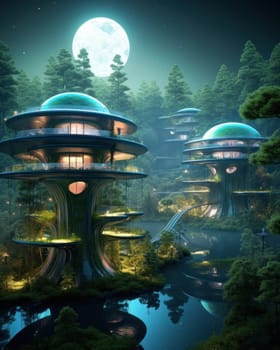 Spectacular eco-futuristic concept of houses of unusual shapes. settling places on unknown planets. fantastic landscape.Generative AI