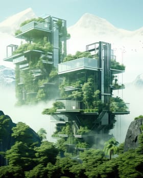 Green garden in a modern city. Spectacular eco-futuristic cityscape concept full of greenery, parks and other artificial green spaces in Eco-Houses.Generative AI