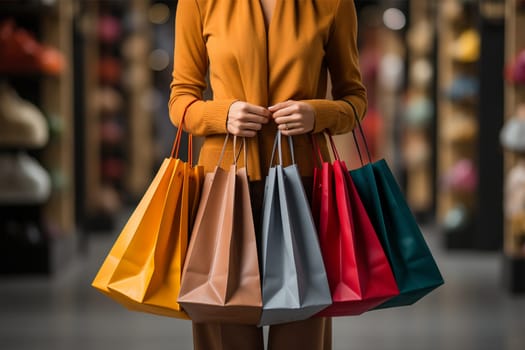 Young woman with shopping packages on defocused background. Generative AI