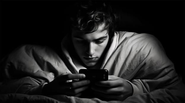 Addicted young guy in bed sitting on the Internet on his smartphone, sleepy and tired at night. concepts of mobile addiction and excessive use of technology.Generative AI