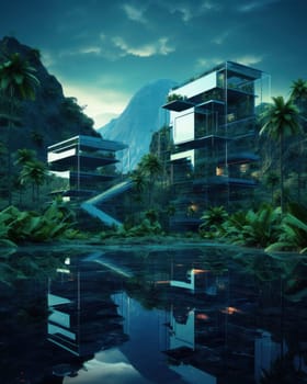 Green garden in a modern city. Spectacular eco-futuristic cityscape concept full of greenery, parks and other artificial green spaces in Eco-Houses.Generative AI