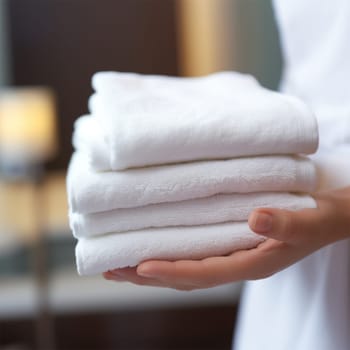 Woman holding clean white towels indoors in hotel room or spa center. Generative AI