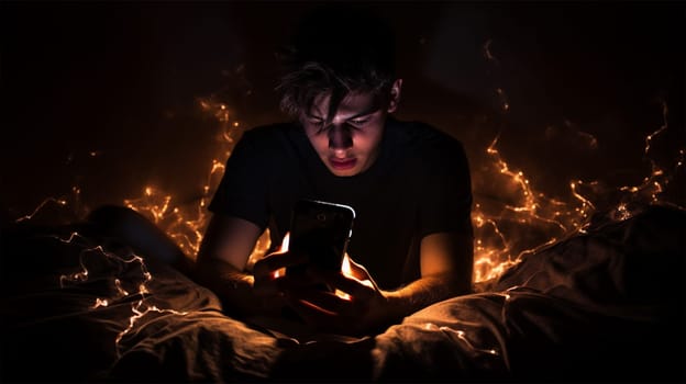 Addicted young guy in bed sitting on the Internet on his smartphone, sleepy and tired at night. concepts of mobile addiction and excessive use of technology.Generative AI