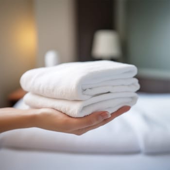 Woman holding clean white towels indoors in hotel room or spa center. Generative AI
