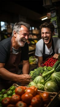 Farmer's market vendors laugh as they lay out vegetables on the counter. Generative AI