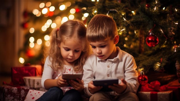 Children look at the screens of electronic devices with interest while sitting under the Christmas tree. Christmas and New Year holiday concept. gifts for Christmas.Generative AI