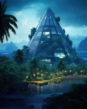 A spectacular eco-futuristic concept of a cityscape full of greenery, parks and other artificial green spaces in pyramid-shaped eco-houses.Generative AI