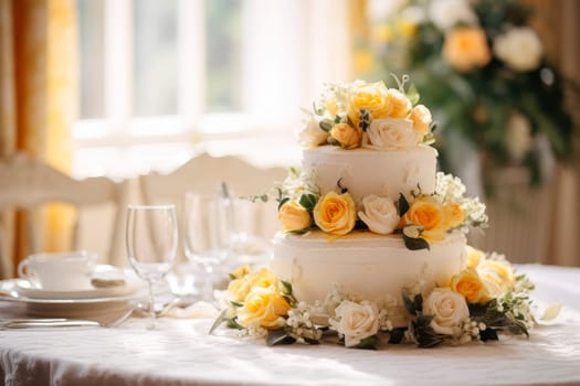 Wedding cake decorated with roses,  on a table in a bright sunny room. AI generated