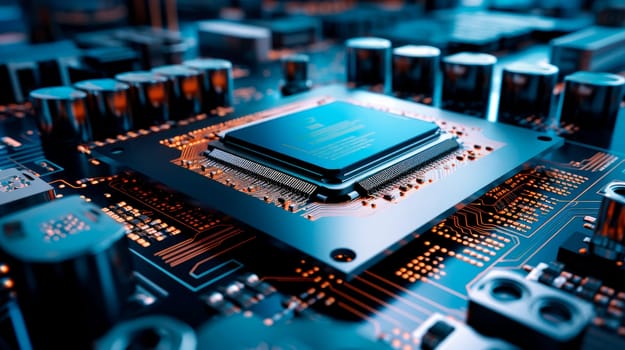 Close-up  of microchip, CPU processor on printed circuit board. Computer motherboard with components inside of electronic device. AI generated