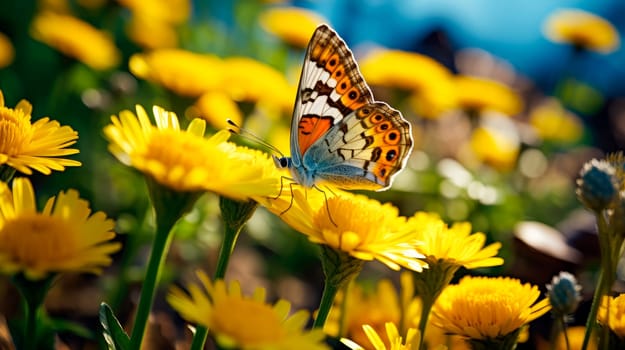 Closeup of butterfly sitting on a yellow flower of garden in sunny daylight against blurred nature. AI generated
