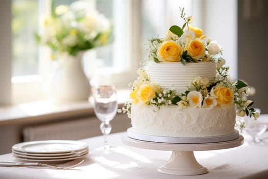 Wedding cake decorated with roses on a table in a bright sunny room. AI generated